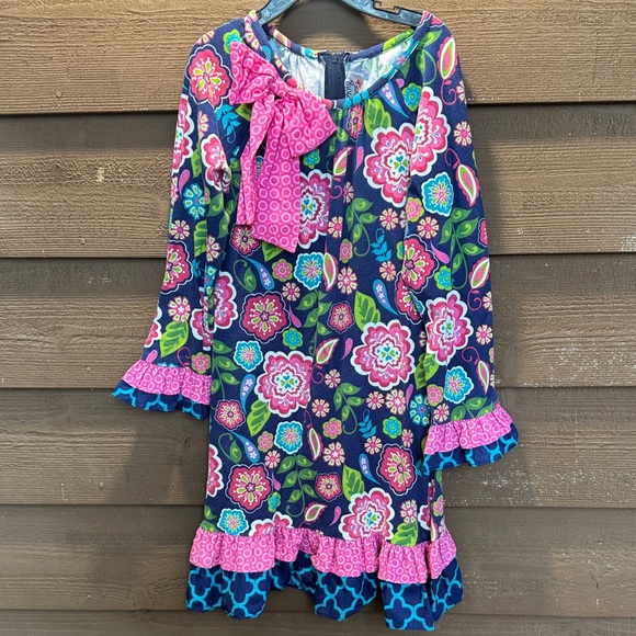 Jumping Fences Floral Patterned Ruffled Dress Pink Bow Accents - Picture 1 of 5